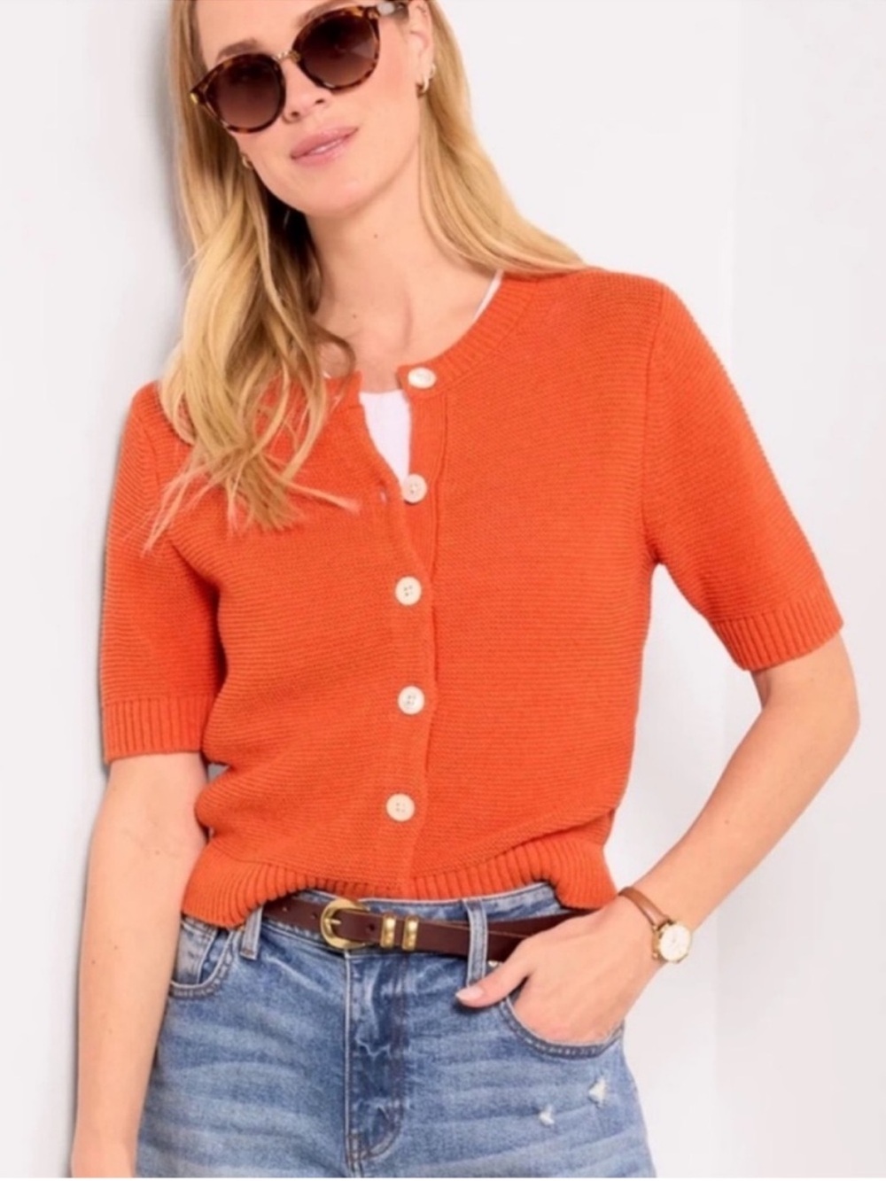Alex Mill Short-Sleeve Crewneck Button Cardigan in Orange